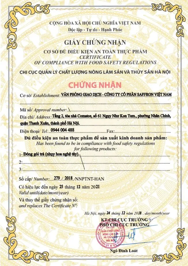 Giấy chứng nhận cơ sở đủ điều kiện an toàn thực phẩm Saffron Jahan
