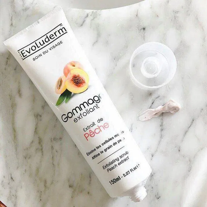 Evoluderm Gommage Exfoliant Extrait de Pêche giúp loại bỏ tế bào chết một cách nhẹ nhàng và hiệu quả kem tẩy tế bào chết evoluderm
