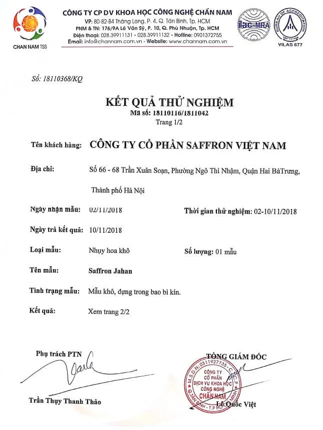 Kết quả thử nghiệm sản phẩm Saffron Jahan