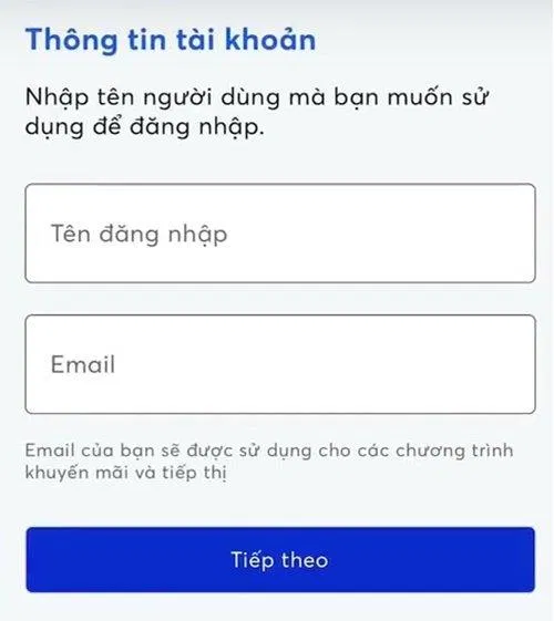 Hệ thống yêu cầu nhập địa chỉ email và tạo tên đăng nhập. Ảnh: internet