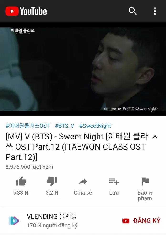 Lượt view tăng chóng mặt trên Youtube của "Sweet Night" do V thể hiện. Nguồn: Youtube