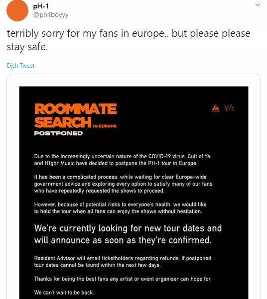 pH-1 thông báo tạm hoãn tour lưu diễn châu Âu (Ảnh: @ph1boyyy)