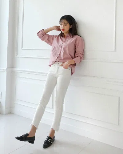 áo sơ mi hồng pastel phối quần jean áo sơ mi hồng pastel phối quần jean