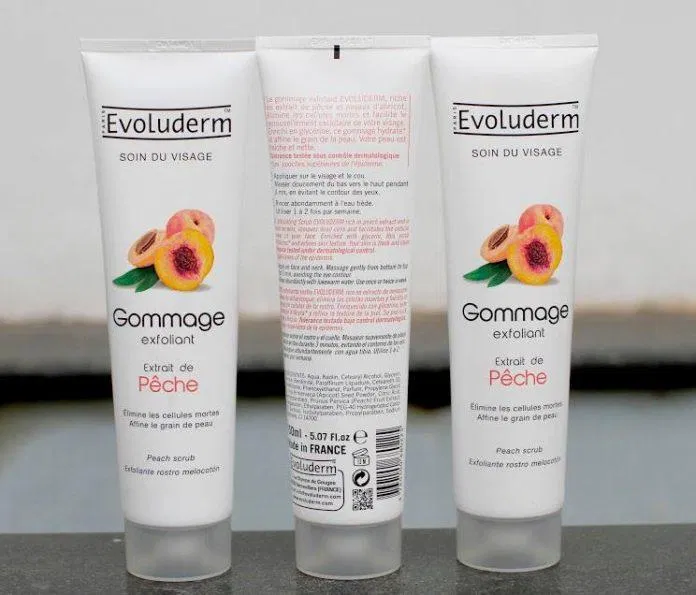 Kem tẩy tế bào chết Evoluderm Gommage Exfoliant Extrait de Pêche chiết xuất từ thiên nhiên với đào và hạt quả mơ tẩy tế bào chết evoluderm