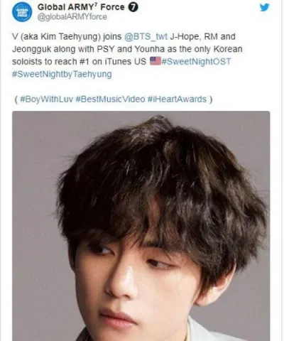 Taehyung đang giữ kỷ lục là nghệ sĩ Hàn Quốc có hai bài hát nằm trong top 10 iTunes US top itunes us
