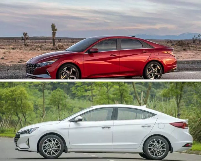 Thân xe của Hyundai Elantra 2021 ở trên và 2020 ở dưới. Ảnh: internet