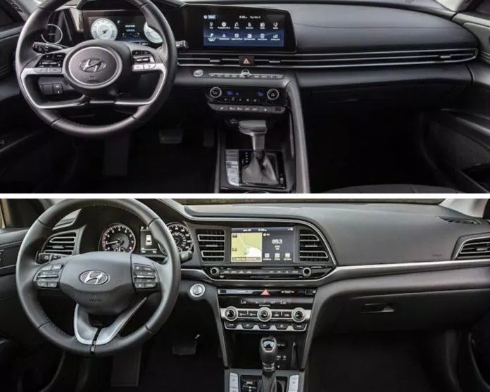Nội thất của Hyundai Elantra 2021 ở trên và 2020 ở dưới. Ảnh: internet