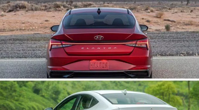 Đuôi xe Hyundai Elantra 2021 ở trên và 2020 ở dưới. Ảnh: internet