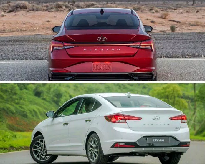 Đuôi xe Hyundai Elantra 2021 ở trên và 2020 ở dưới. Ảnh: internet