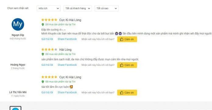 Đánh giá từ khách hàng sử dụng trên trang Tiki (Ảnh: BlogAnChoi)