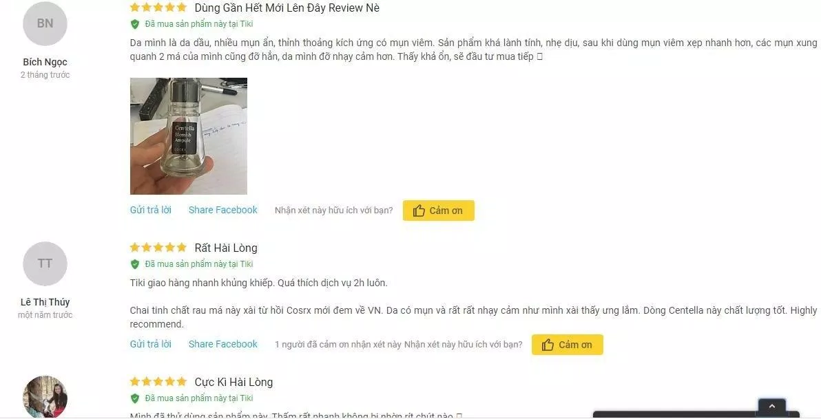 Đánh giá tích cực của khách hàng sử dụng sản phẩm trên trang Tiki (nguồn ảnh: BlogAnChoi).