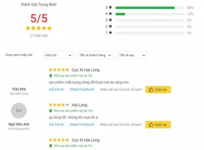 Đánh giá của tích cực của khách hàng trên trang Tiki (ảnh: BlogAnChoi).