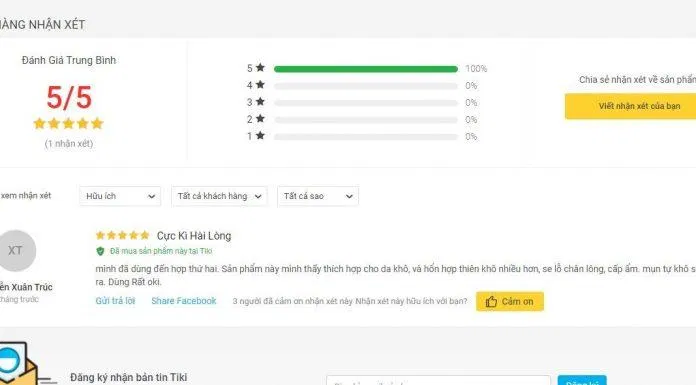 Đánh giá tích cực của khách hàng sử dụng sản phẩm trên trang Tiki (nguồn ảnh: BlogAnChoi).