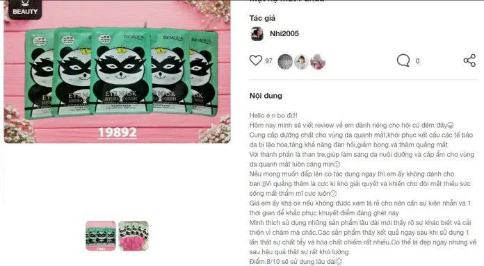 Một khách hàng review khá tích cực về mặt nạ mắt Bioaqua Eye Mask Hydranourish trên fime review bioaqua fime