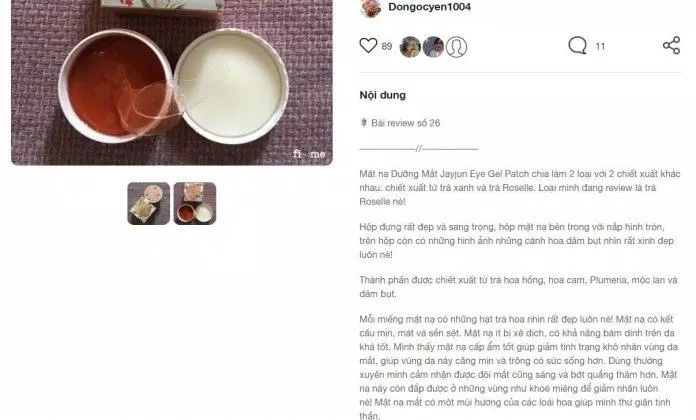 Một khách hàng review khá tốt về Jayjun Roselle Tea Eye Gel Patch trên fime review jayjun fime