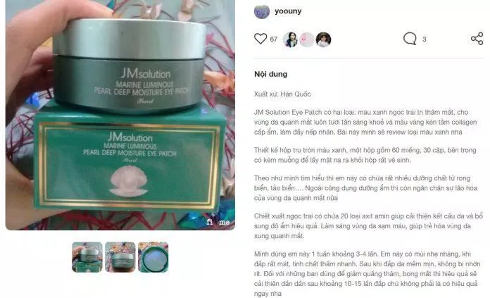 Đánh giá của một khách hàng đã sử dụng JM Solution Marine Luminous Pearl Deep Moisture Eye Patch trên fime review jm solution fime