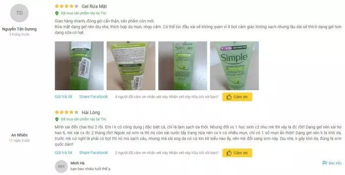 Review sữa rửa mặt Simple Kind To Skin Refreshing Facial Wash Gel từ khách hàng trên Tiki (Ảnh: Internet)