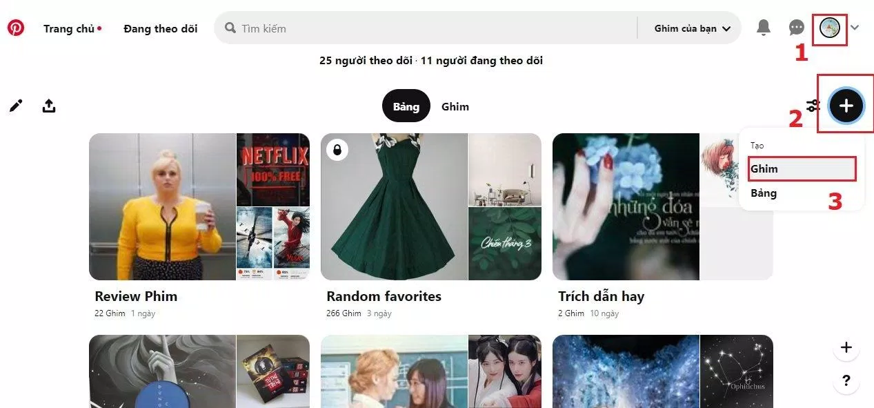 Vào trang cá nhân để tạo thêm ghim trên Pinterest. (Ảnh: BlogAnChoi)