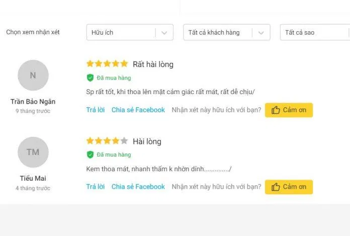 Đánh giá từ khách hàng sử dụng sản phẩm trên trang Tiki (Ảnh: BlogAnChoi)