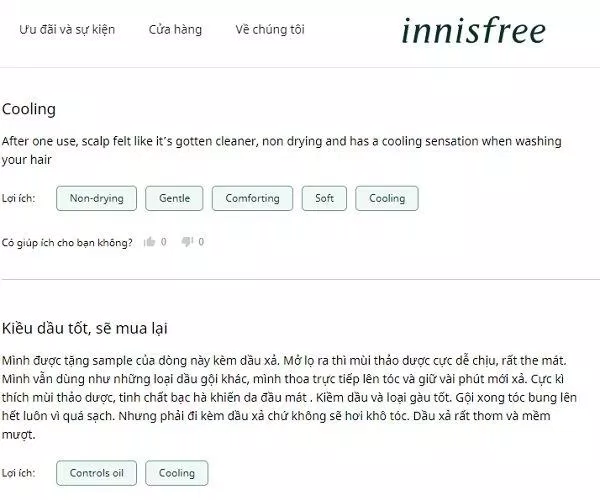 Ý kiến đánh giá của khách hàng trên trang innisfree (ảnh: BlogAnChoi).