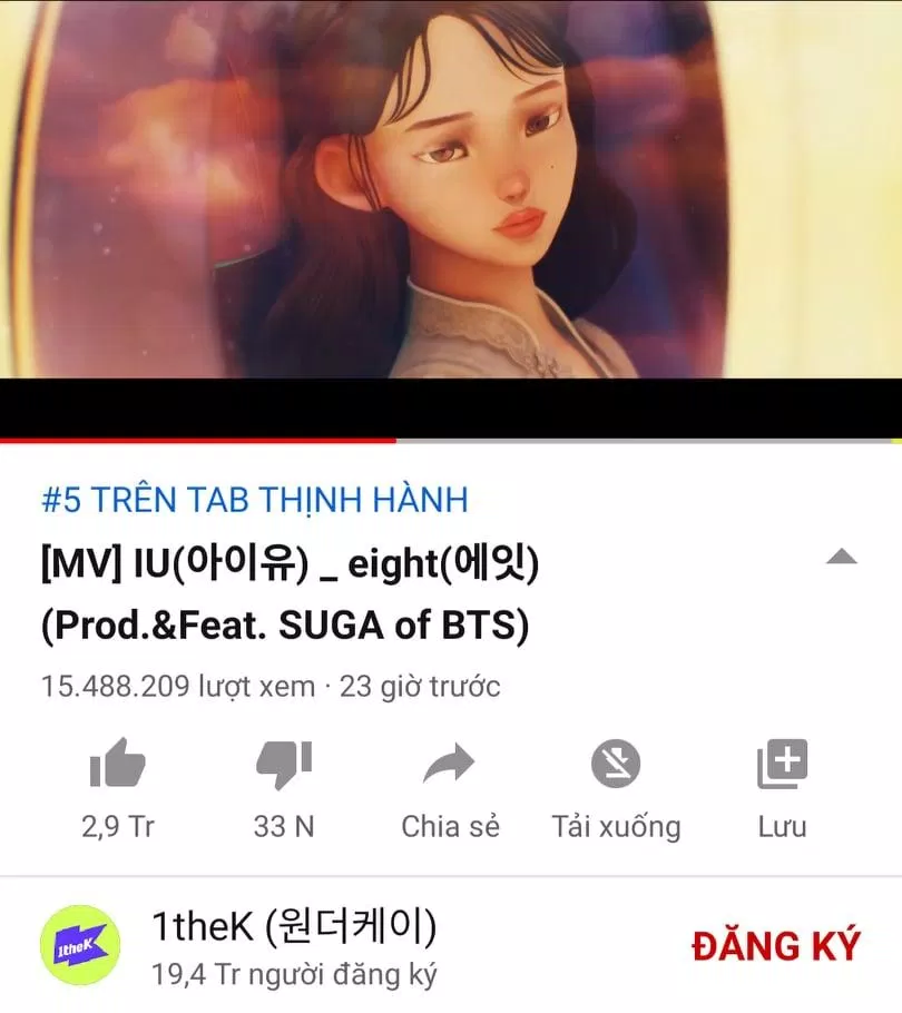 Số lượng view ấn tượng của MV Eight trên Youtube. Nguồn: Yootube