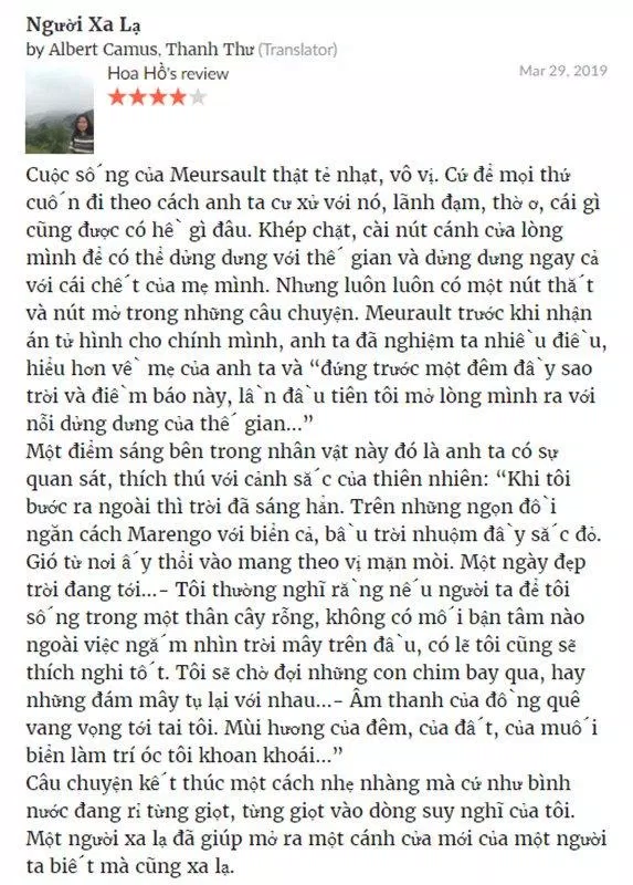 Cảm nhận mà "Người xa lạ" là một trải nghiệm đặc biệt. (Nguồn: Goodreads)