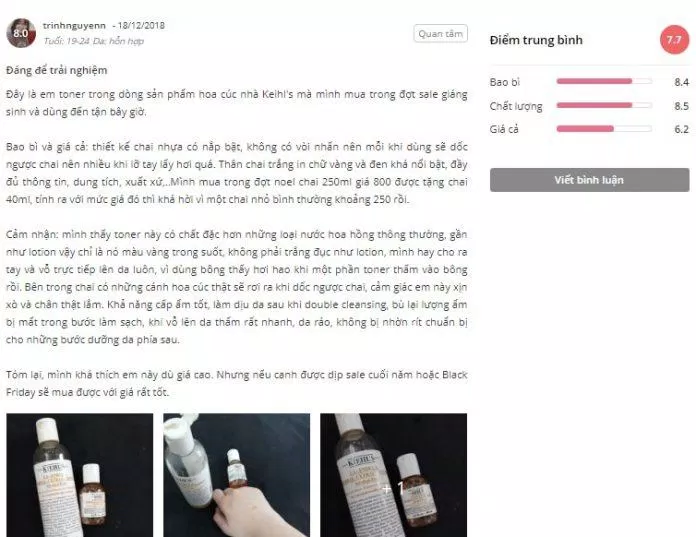 Khách hàng đánh giá và cho điểm sản phẩm Toner Hoa cúc Kiehl's. (Ảnh: BlogAnChoi) Review-Toner-hoa-cuc-Calendula Herbal-Extract-Toner-Alcohol-Free-sieu-dinh-dam-cua-Kiehl’s2