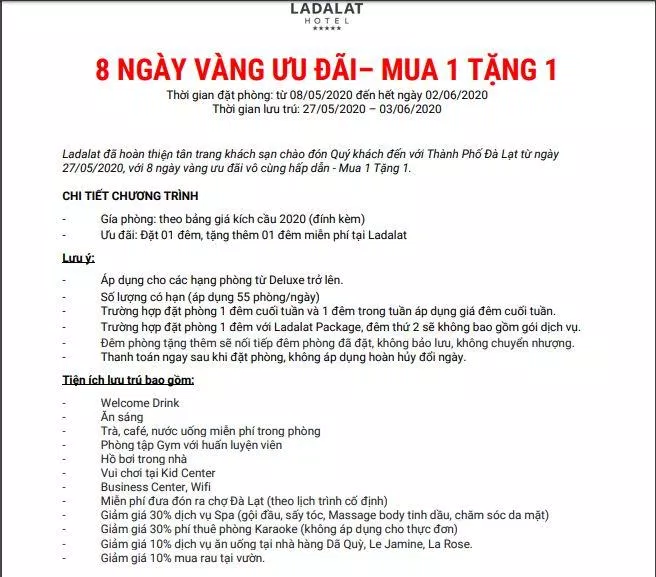 Chính sách mua 01 tặng 01 của Ladalat hotel (Nguồn: Ladalat Hotel)