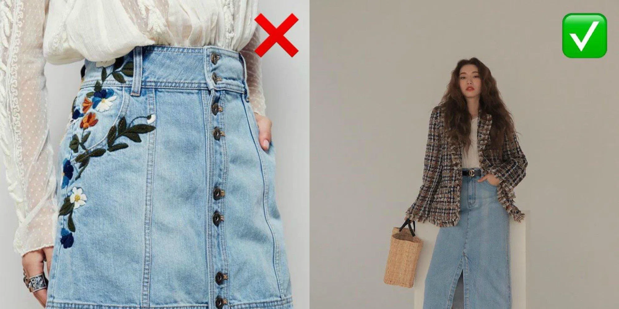 Chân váy jeans thêu hoa là một item bạn nên tránh lựa chọn nếu như không muốn set đồ của mình trở nên lỗi mốt (ảnh: internet)