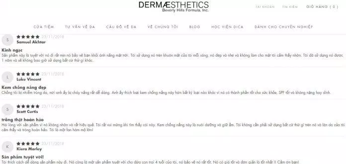 Những lời khen "có cánh" dành cho sản phẩm trên trang Dermaestheticsusa (ảnh: BlogAnChoi).