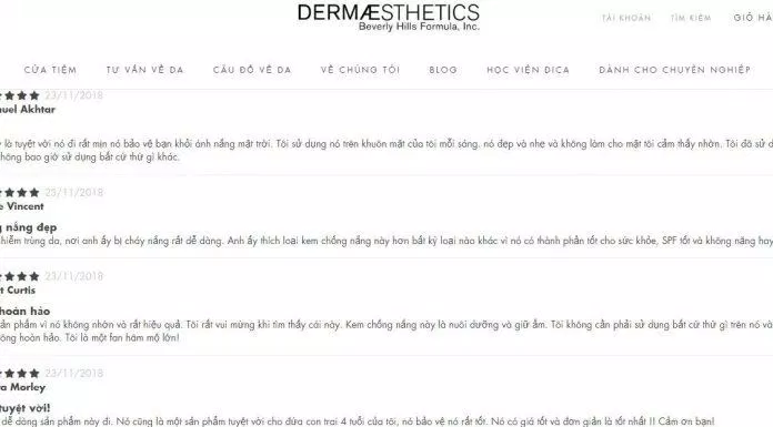Những lời khen "có cánh" dành cho sản phẩm trên trang Dermaestheticsusa (ảnh: BlogAnChoi).