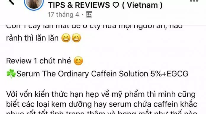 Đánh giá của khách hàng đã sử dụng serum trị thâm mắt The Ordinary Caffeine Solutions 5% + EGCG trên Facebook. (Nguồn: BlogAnChoi).