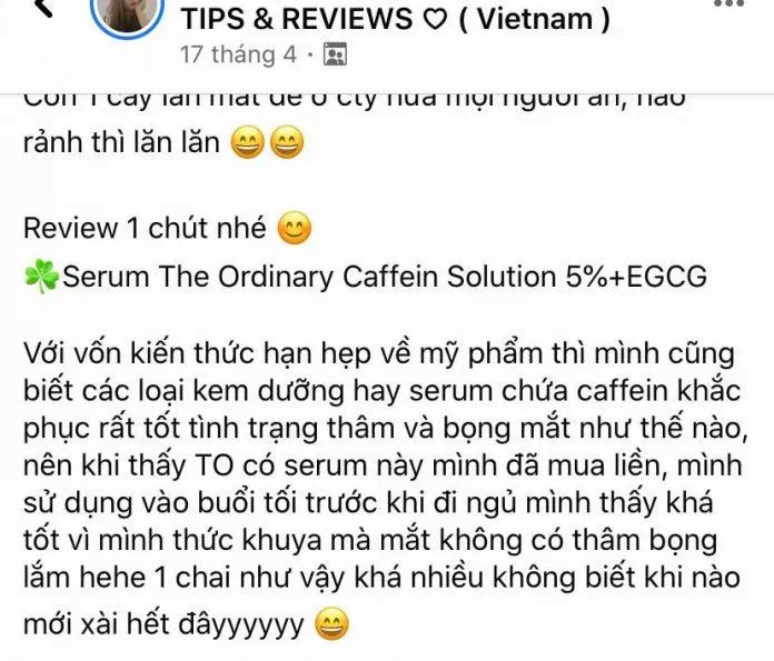 Đánh giá của khách hàng đã sử dụng serum trị thâm mắt The Ordinary Caffeine Solutions 5% + EGCG trên Facebook. (Nguồn: BlogAnChoi).