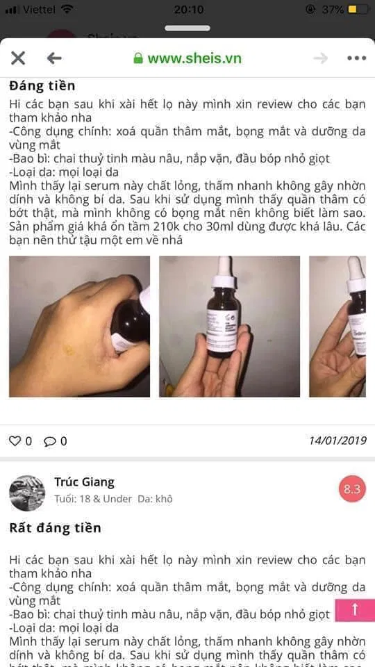 Đánh giá của khách hàng đã sử dụng serum trị thâm mắt The Ordinary Caffeine Solutions 5% + EGCG trên Sheis. (Nguồn: BlogAnChoi).