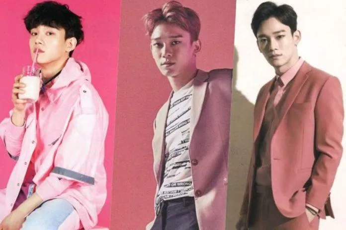 Chen (EXO) trông thật quyến rũ với trang phục và mái tóc hồng. (Nguồn: Internet)