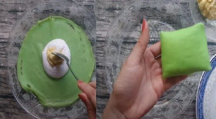 Cho kem tươi, sầu riêng vào giữa vỏ bánh rồi gấp thành hình chữ nhật (Nguồn: Món Ăn Ngon)