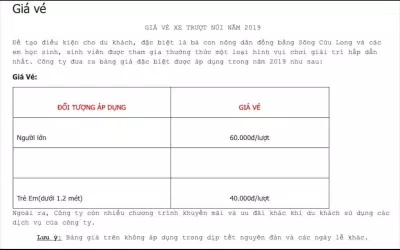 Giá vé xe trượt núi cập nhật năm 2019 (Ảnh: Internet).