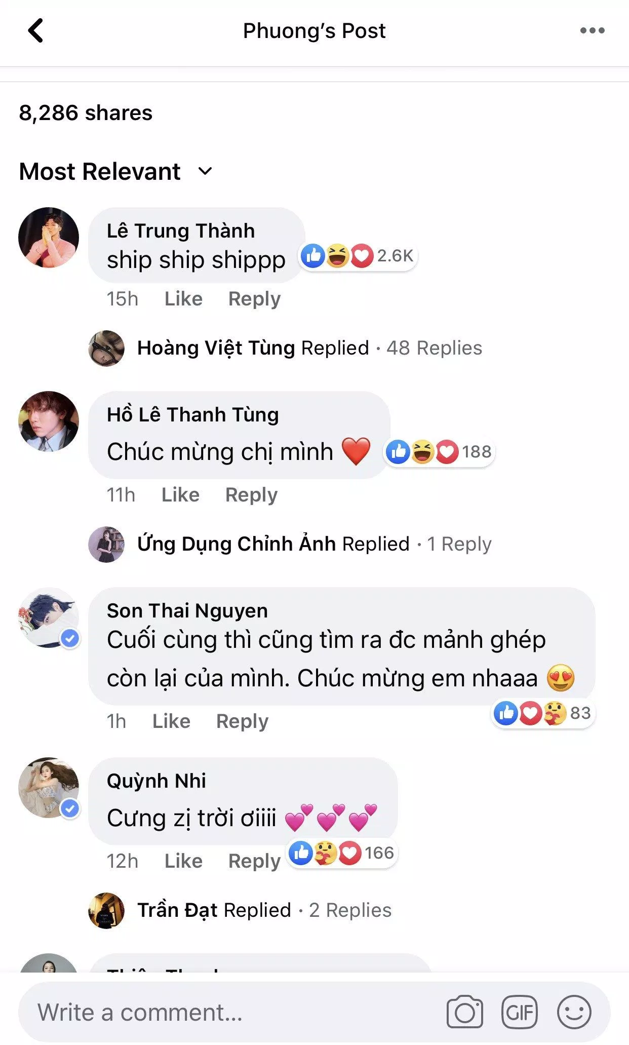 Ở phần bình luận, nhiều nghệ sĩ để lại lời nhắn chúc mừng cặp đôi (ảnh : internet)