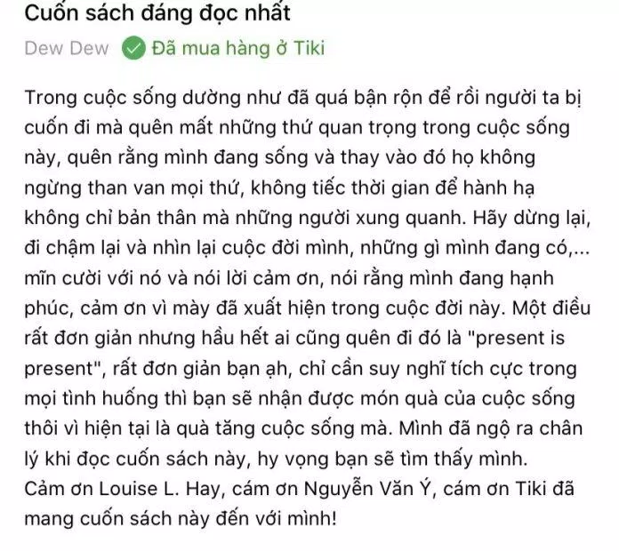 Cảm nhận của độc giả Dew Dew về cuốn sách ( Nguồn: tiki.vn)