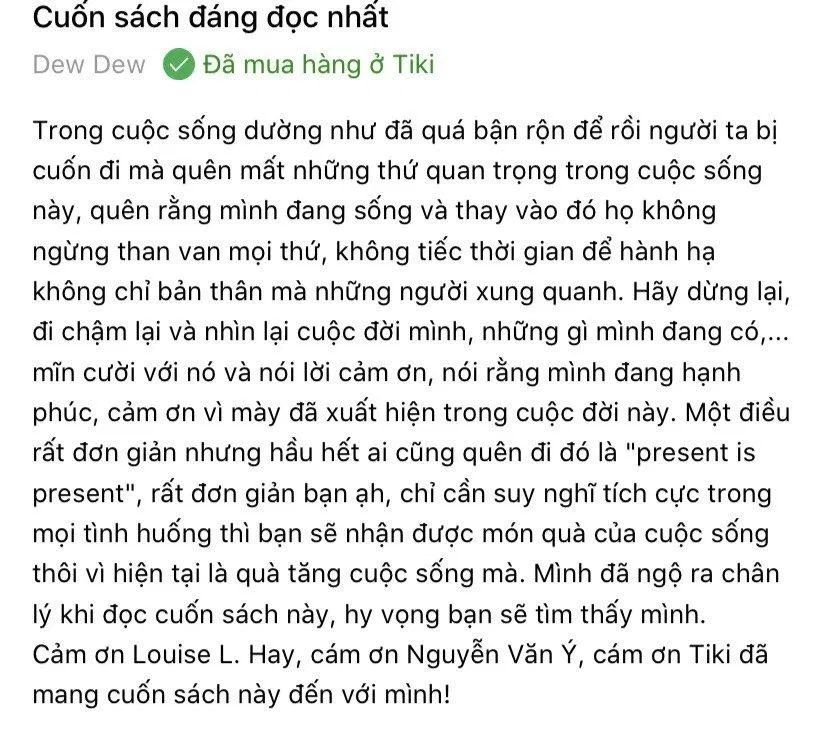 Cảm nhận của độc giả Dew Dew về cuốn sách ( Nguồn: tiki.vn)