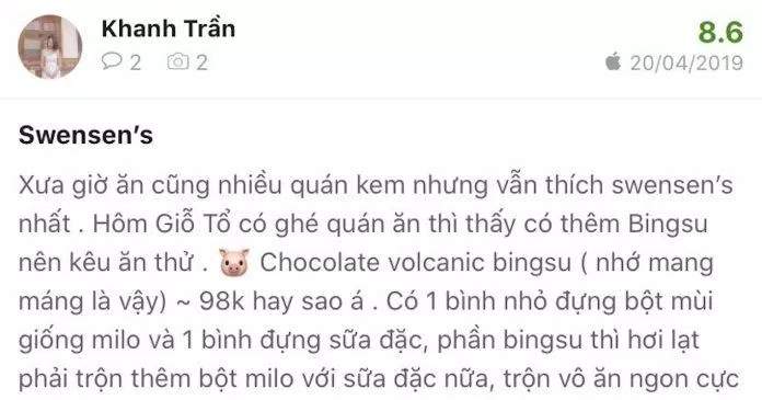Cảm nhận về kem Swensen của bạn Trần ( Nguồn: Internet)