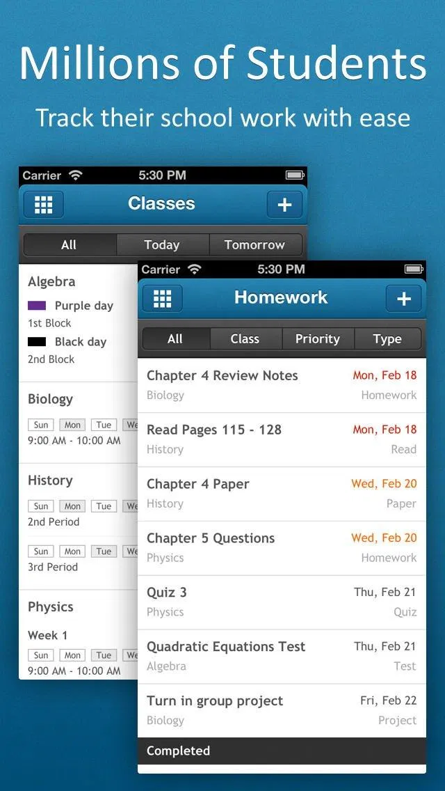 Giao diện hoạt động của app myHomework Student Planner (Nguồn ảnh: Internet)