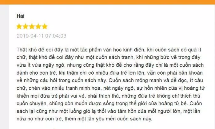 Đánh giá của độc giả về quyển sách Hoàng Tử Bé trên Fahasa Đánh giá của độc giả về quyển sách Hoàng Tử Bé trên Fahasa