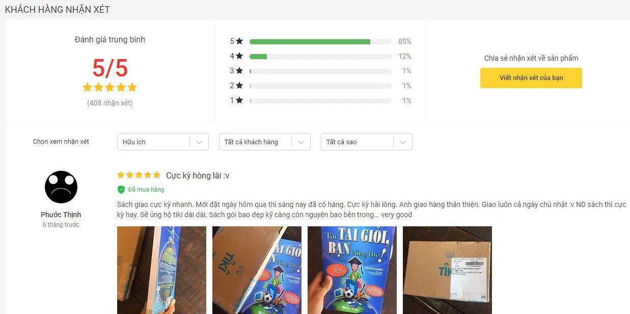 Đánh giá của độc giả về quyển sách Tôi Tài Giỏi Bạn Cũng Thế trên Tiki (Nguồn ảnh: internet) Đánh giá của độc giả về quyển sách Tôi Tài Giỏi Bạn Cũng Thế trên Tiki (Nguồn ảnh: internet)