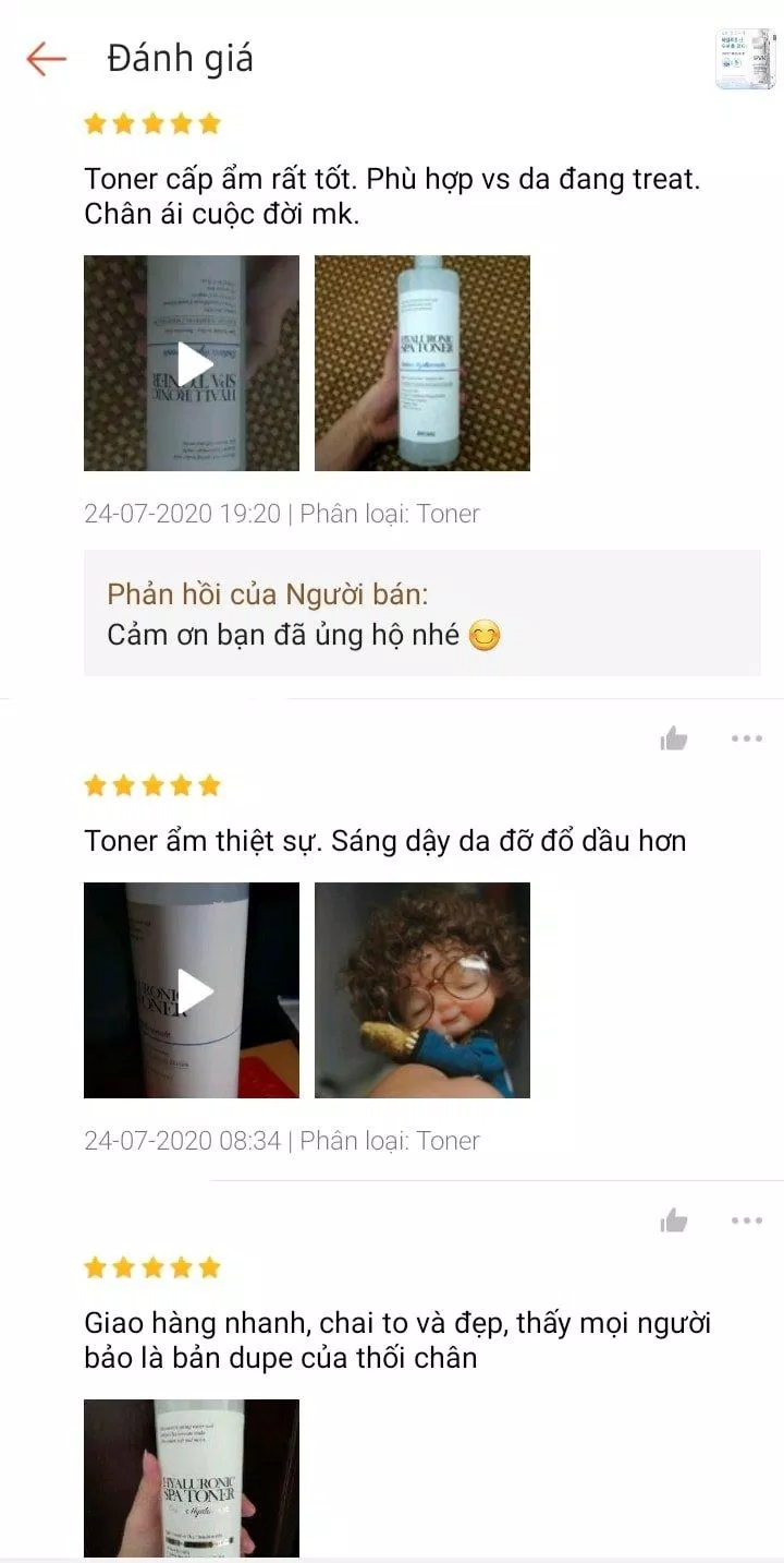 Đánh giá của khách hàng đã từng sử dụng BADSKIN Hyaluronic Spa Toner trên Shopee. (Nguồn: Internet.)