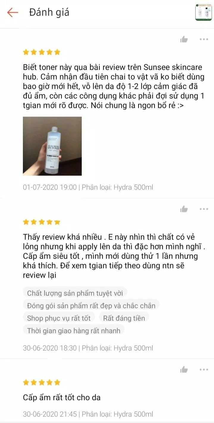 Đánh giá của khách hàng đã từng sử dụng BADSKIN Hyaluronic Spa Toner trên Shopee. (Nguồn: Internet.)