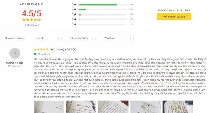 Đánh giá của độc giả trên tiki. (Ảnh: Internet)