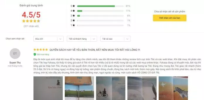 Đánh giá của độc giả trên tiki. (Ảnh: Internet)