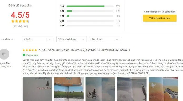 Đánh giá của độc giả trên tiki. (Ảnh: Internet)