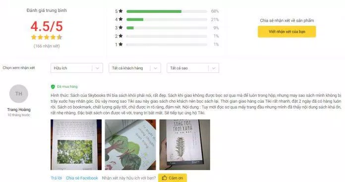 Đánh giá của độc giả trên tiki. (Ảnh: Internet)
